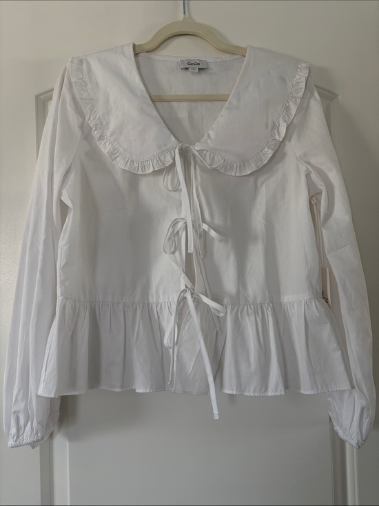 CeCe Tops - CeCe White Ruffle Peter Pan Collar Tie-Front Peplum Blouse Romantic Feminine M